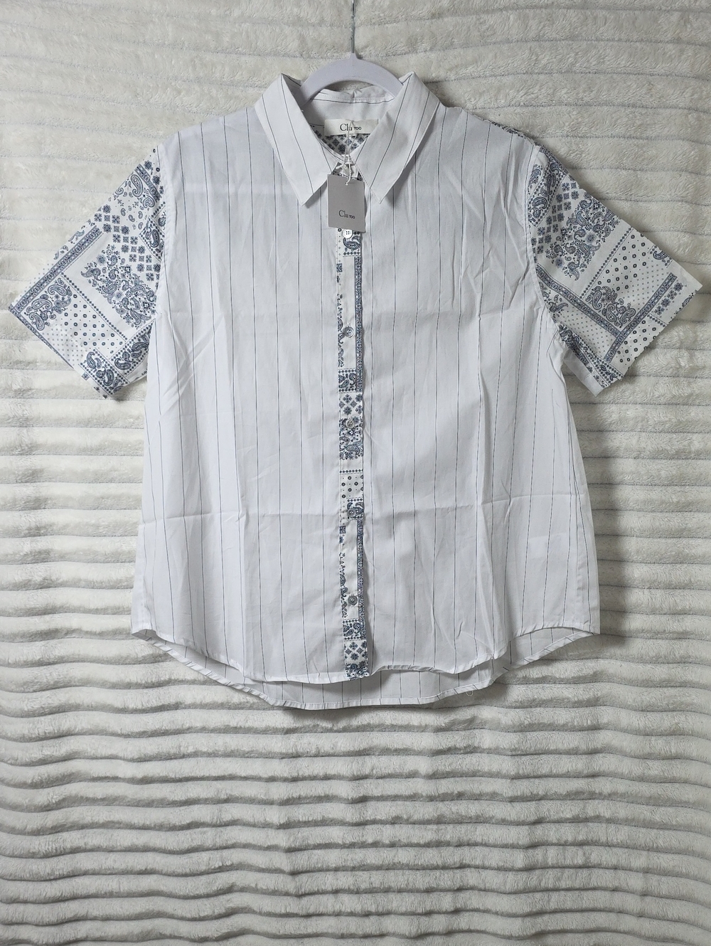0374 Clu Too white striped shirt features unique blue paisley bandana printed